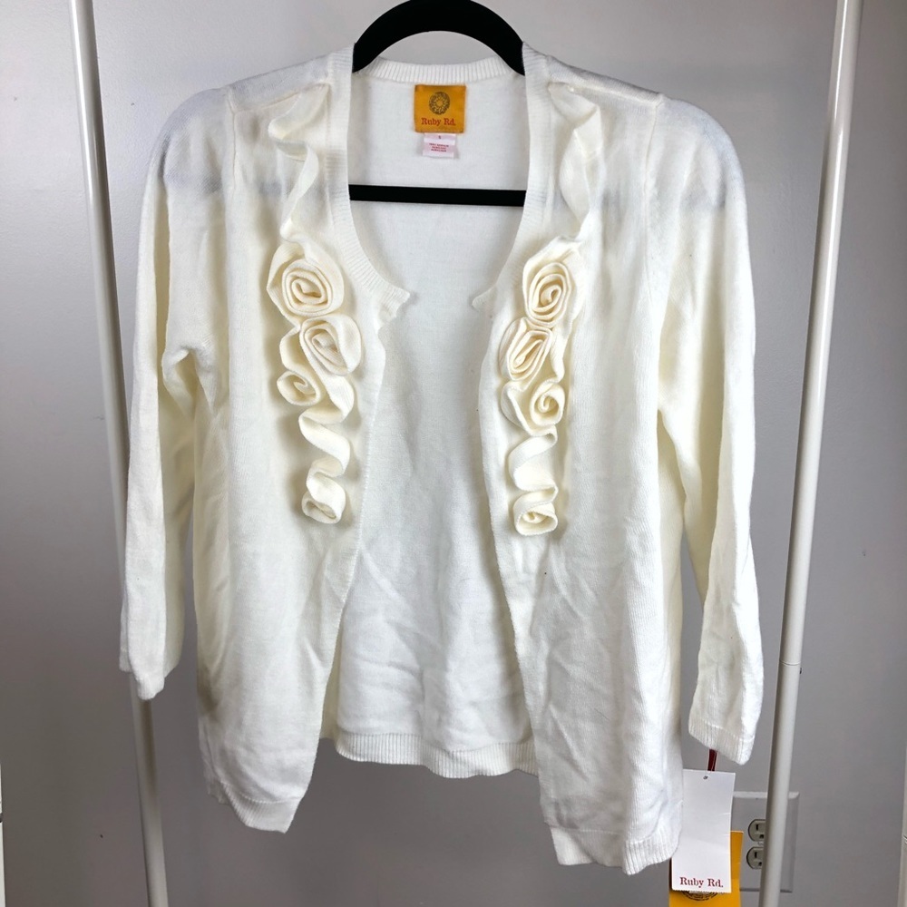 NWT Ruby Rd. Ivory cardigan with rose detail size: S